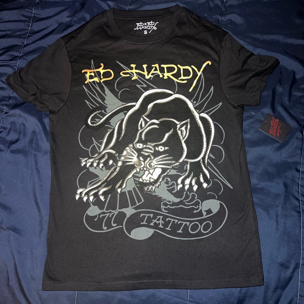 Ed Hardy Crouching Panther Black Tee with Rhinestone Graphic